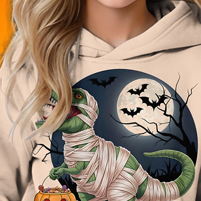Halloween Girls' 3D Pumpkin Dinosaur Hoodie Long Sleeve Fall Winter Fashion Adorable Basic Kids 4-12 Years Hooded Outdoor Casual Daily Regular Fit3