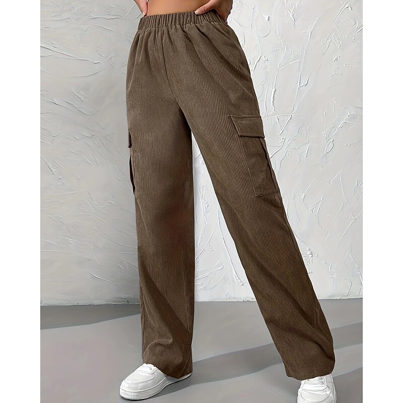 Women's Wide Leg Slacks Streetwear Casual Full Length Natural Plain Pocket Elastic Waist Comfortable Street Daily Wear Weekend Black Brown Fall Regular Fit2