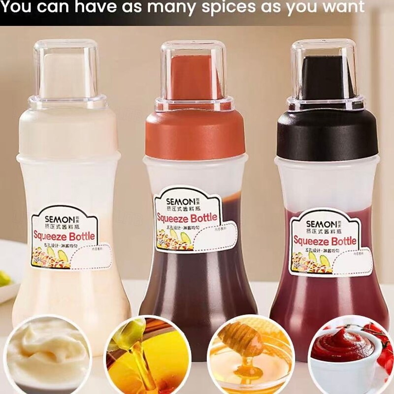 3pcs Measurable Condiment Squeeze Bottle, 350ml Kitchen Sauce Dispenser Bottles with 5 Nozzles for Ketchup, Salad Dressing, and Condiment Portioning3