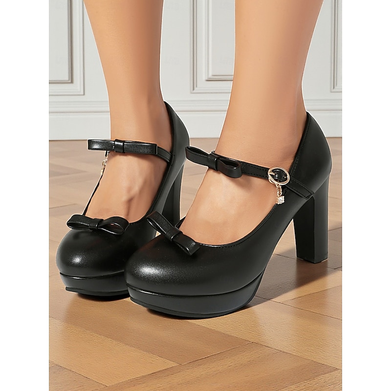 Women's Black Platform Mary Jane Heels with Bow Strap and Charm - Cute Lolita Style Dress Shoes for Parties, Cosplay and Sweet Vintage Outfits