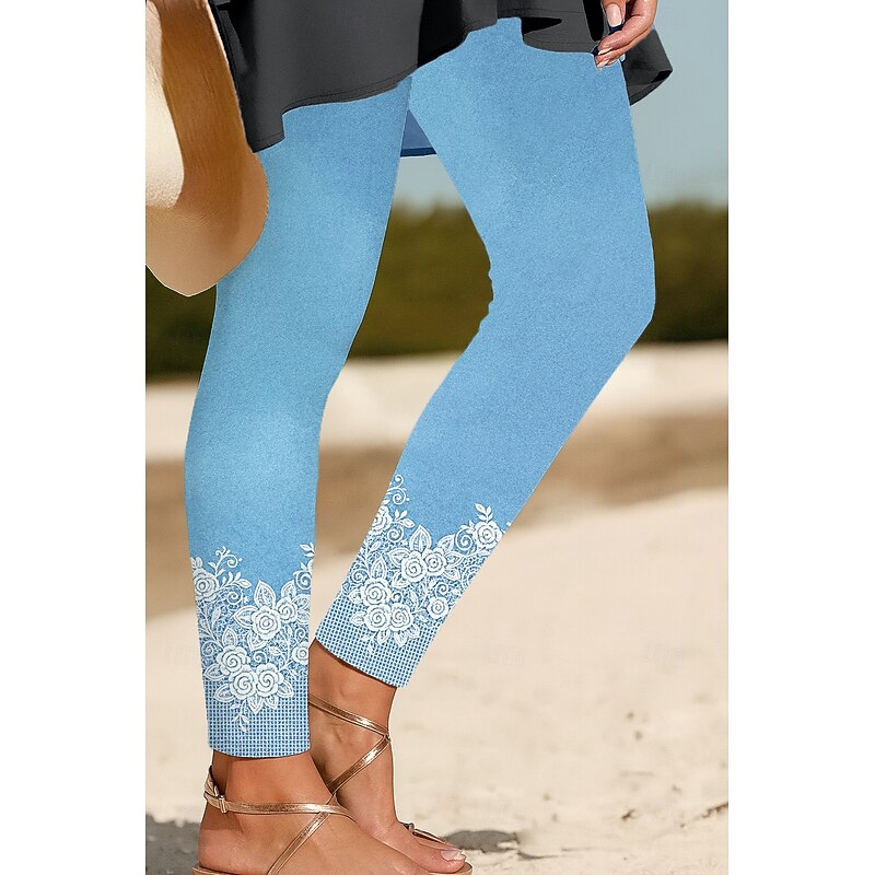 Women's Leggings Vacation Vintage Ethnic Style Ankle-Length High Waist Floral Graphic 3D Print Quick Dry Breathability Soft Stretchy Outdoor Home Causal Black Navy Blue Blue Sky Blue Spring Fall Slim