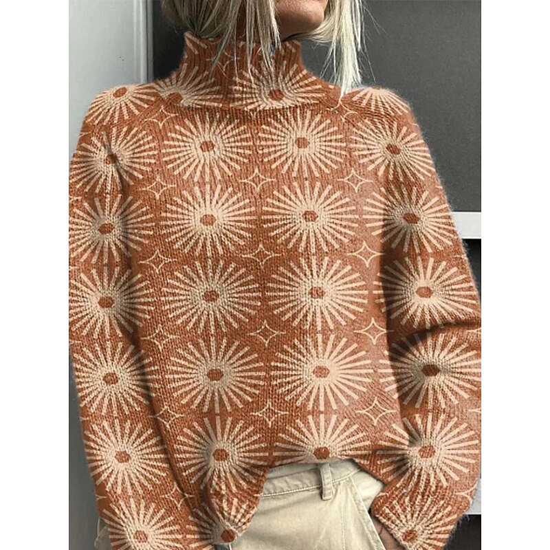 Women's Pullover Vacation Daily Geometric Color Block Ribbed Turtleneck Print Long Sleeve Regular Tops Knit Outdoor Daily Holiday Blue Brown Fall Winter