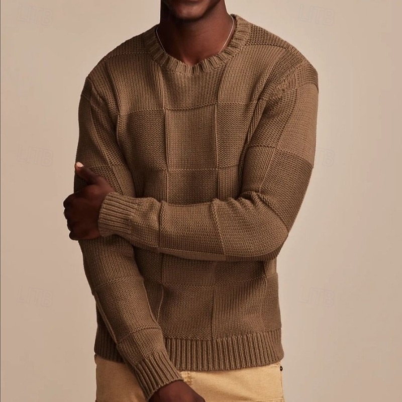 Men's Sweater Pullover Sweater Jumper Ribbed Knit Regular Tops Knitted Slim Fit Plain Crew Neck Knitwear Contemporary Casual Daily Wear Clothing Apparel Spring Fall Navy Blue Brown M L XL2