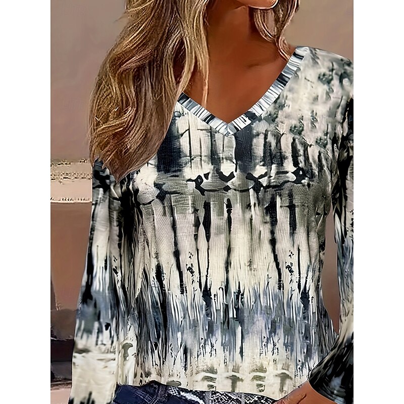 Women's T Shirt Graphic Tie Dye Abstract Vintage Stylish Classic Long Sleeve V Neck Regular Tops Daily Print Navy Blue Spring Fall Winter2