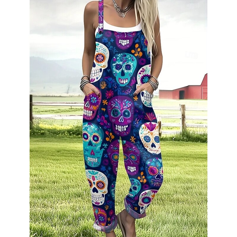 Halloween Women's Jumpsuit Active Graphic Sleeveless Sleeveless Wide Leg Pocket Buttons Vacation Street Loose Fit Black Red Navy Blue Summer