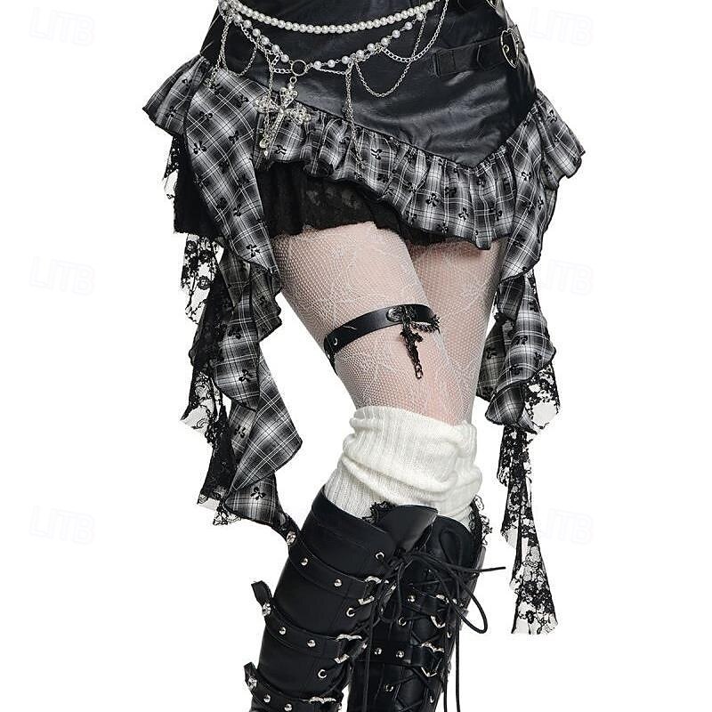 Punk & Gothic Mini Skirt Goth Girl Lace Asymmetric Hem Plaid Fancy Dress Women's Halloween Carnival Performance Party Adults Skirt3
