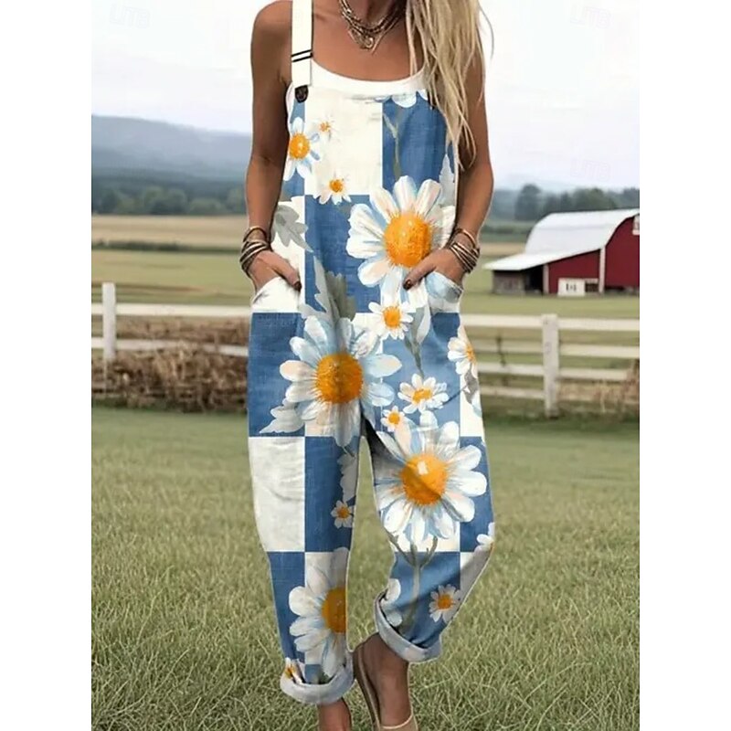 Women's Dungarees Active Floral Sleeveless Sleeveless Straight Square Neck Pocket with Pocket Vacation Daily Loose Fit White Pink Blue Summer