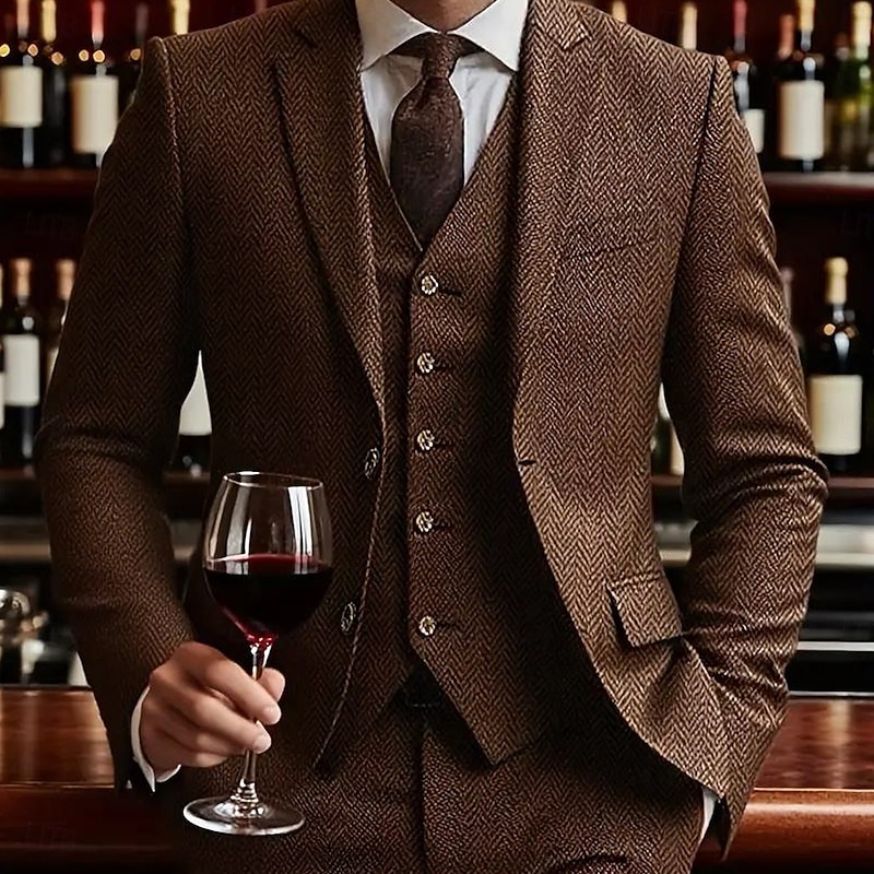 Men's Business Casual Wedding Suits Notch Lapel Brown Daily Casual Solid Colored Tailored Fit 3 Piece Single Breasted Two-buttons