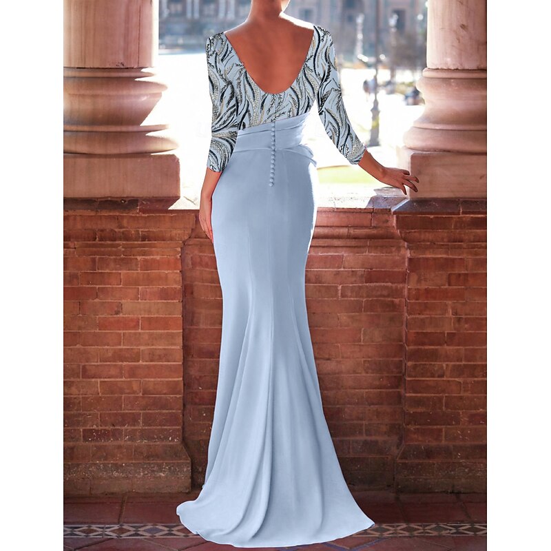 SkyMermaid / Trumpet Evening Gown Celebrity Style Dress Formal Wedding Guest Floor Length 3/4 Length Sleeve Boat Neck Satin with Bow(s) Beaded Gown2