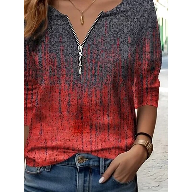 Women's T Shirt Ombre Graphic Abstract Elegant Vintage Stylish Long Sleeve V Neck Round Neck Notched Neck Regular Tops Daily Weekend Zipper Print Wine Spring Fall Winter3