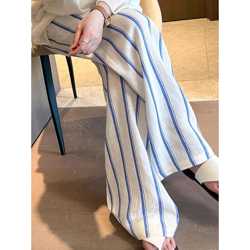 Women's Cotton Linen Pants Culottes Wide Leg Vacation Vintage Ethnic Style Full Length Mid Waist Striped Drawstring Pocket Elastic Waist Comfy Breathability Soft Inelastic Vacation Home Street Blue2