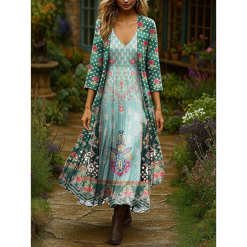 Women's Dress Set Maxi Dress A Line Dress Summer Dress Vacation Boho Ombre Floral Layered Print Maxi Dress 3/4 Length Sleeve V Neck Outdoor Daily Black Pink Orange Summer Spring Regular Fit2