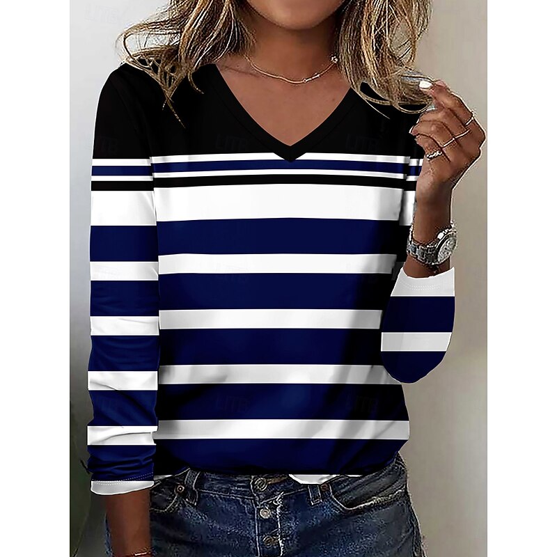 Women's T Shirt Graphic Geometric Striped Vintage Stylish Classic Long Sleeve V Neck Regular Tops Daily Print Black Spring Fall Winter