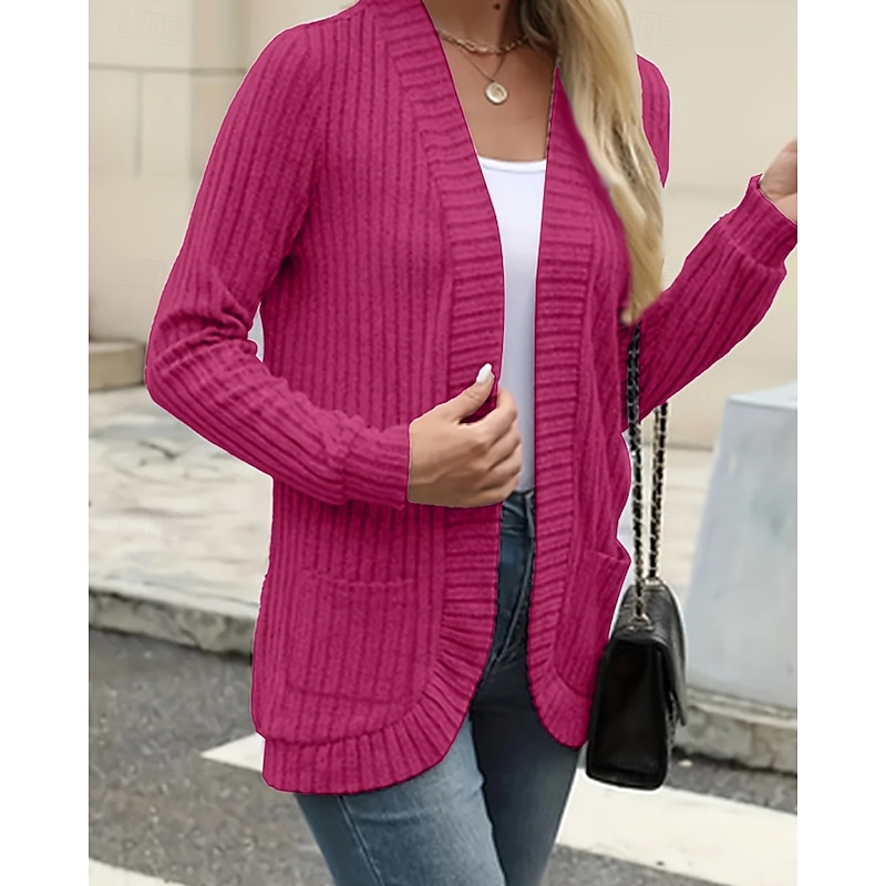 Women's Cardigan Casual Solid Color Ribbed V Neck Pocket Knitted Long Sleeve Regular Tops Knit Holiday Weekend Fuchsia Fall2
