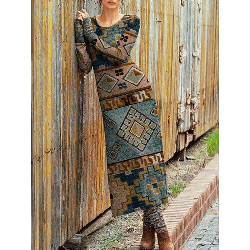 Women's Midi Dress Sheath Dress T Shirt Dress Tee Dress Casual Boho Daily Holiday Regular Fit Graphic Geometric Long Sleeve Crew Neck Red Burgundy Green Rainbow Fall Winter4