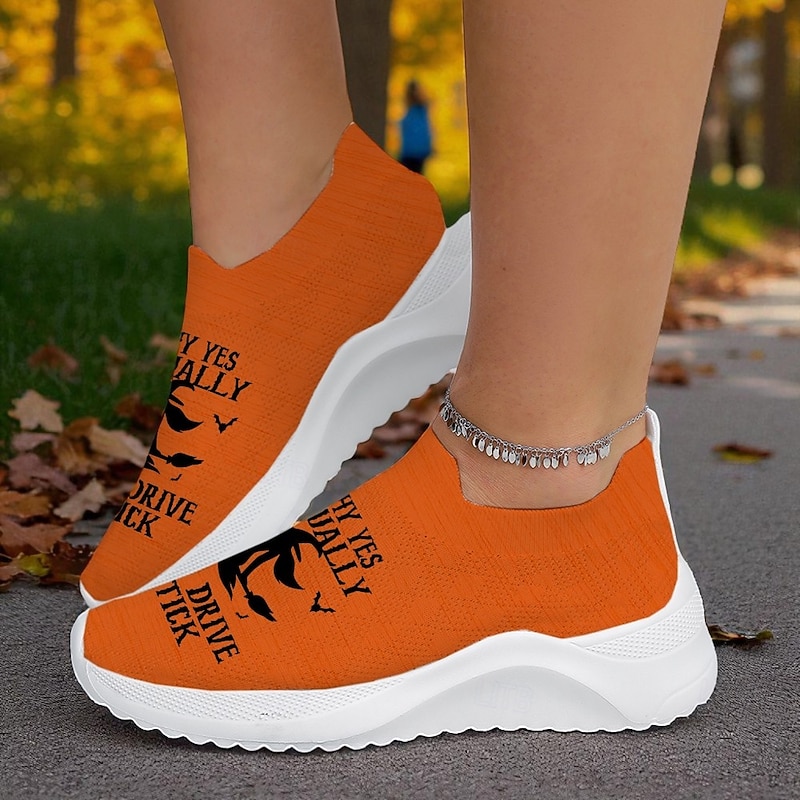 Women's Flyknit Slip-On Sneakers with Funny "Can Drive a Stick" Witch Print – Halloween Comfort Walking Shoes for Parties and Daily Outfits3