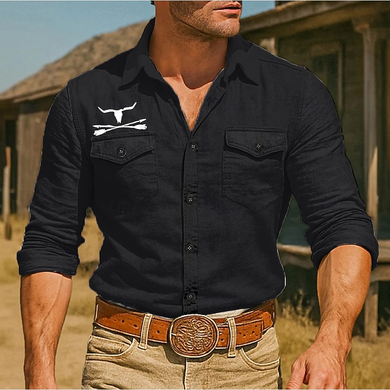 Men's Cow Print Western Shirt Button Up Shirt Cowboy Shirt Long Sleeve Vintage Retro Outdoor Holiday Summer Spring Fall Turndown Collared Shirts Front Two Pockets Black White2