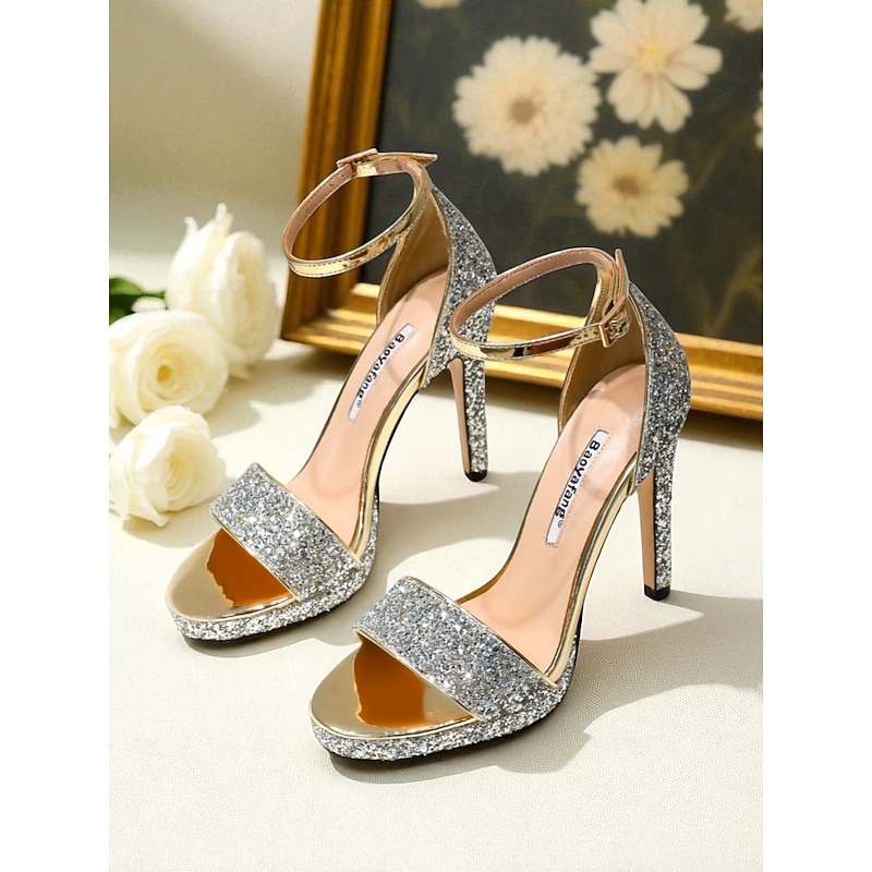Women's Silver Glitter High Heel Sandals with Ankle Strap, Sparkly Nightlife Party Shoes for Club and Evening Outfits