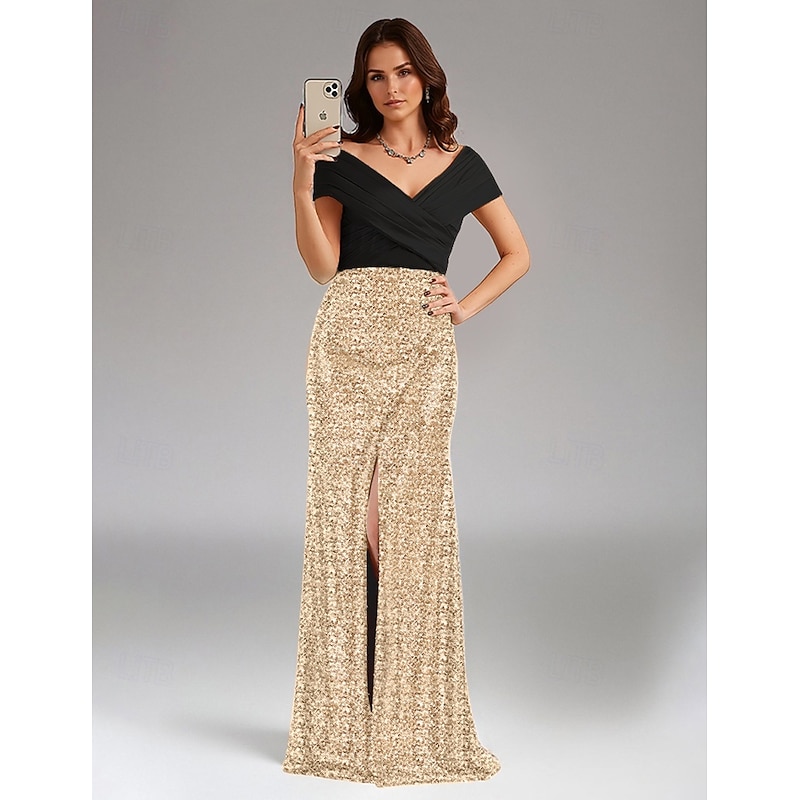 Gold Stretch Sequin Mermaid / Trumpet Evening Gown Elegant Dress Formal Wedding Sweep / Brush Train Sleeveless Off Shoulder Stretch Satin with Pleats 20254