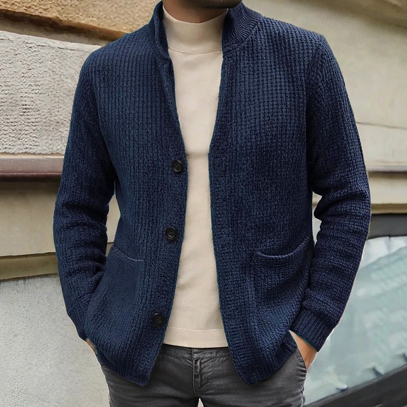 Men's Cardigan Sweater Cropped  Sweater Knit Sweater Ribbed Knit Regular Tops Button Up Pocket Plain Stand Collar Fashion Classic Vacation Daily Wear Clothing Apparel Fall Winter Black Navy Blue S M L