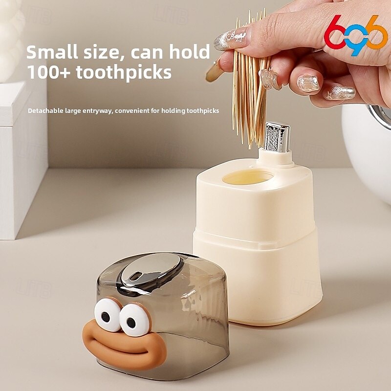 Automatic Pop-Up Toothpick Dispenser, Creative Push-Button Design with Cute Cartoon Stickers, Ideal for Home Kitchen and Dining Table Use2