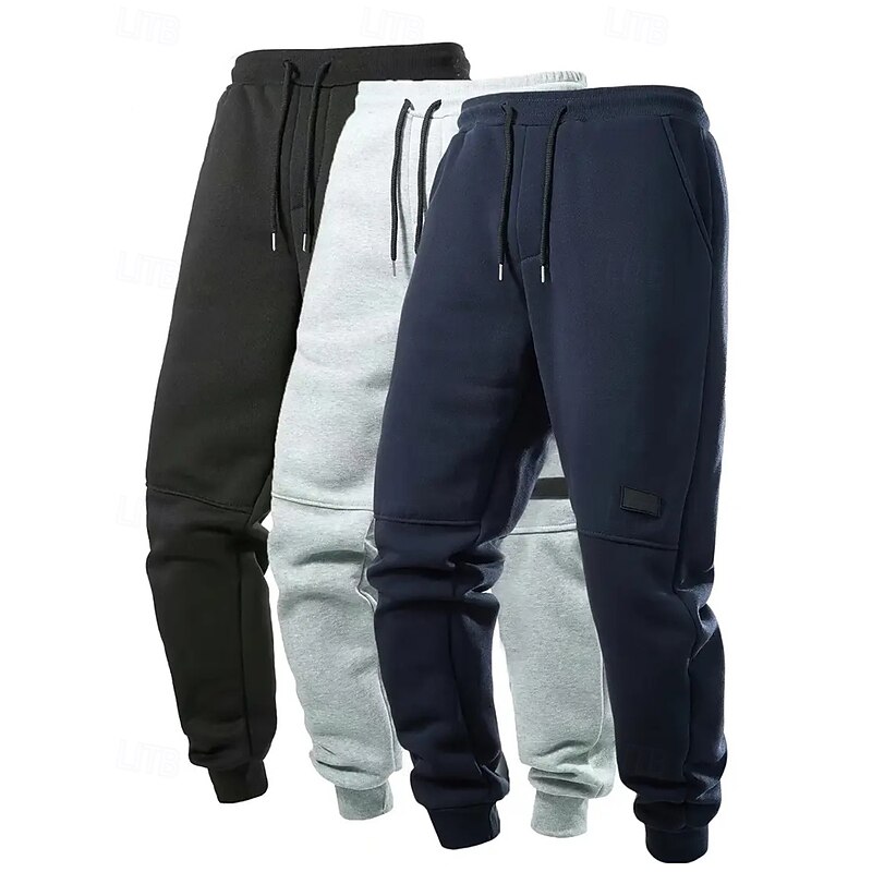 Multi Packs 3pcs Men's Dark Grey+Light Grey+Black Sweatpants Trousers Drawstring Elastic Waist Plain Vacation Daily Wear Polyester Fall2