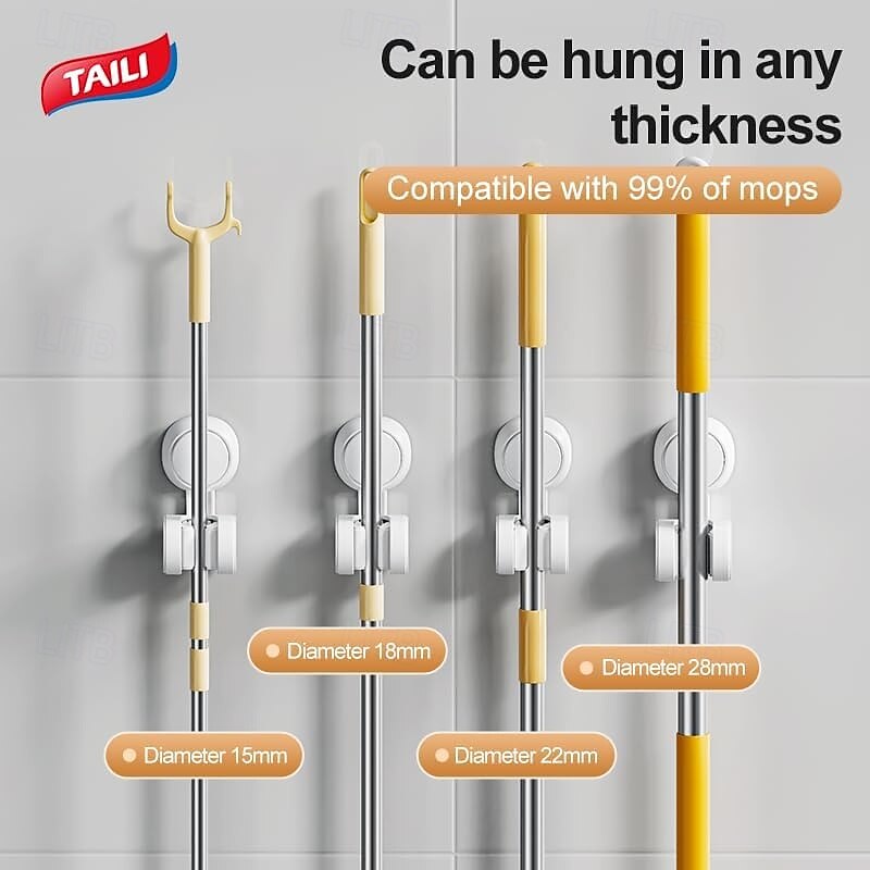 TAILI White Mop Holder&Bracket, Wall-Mounted, Traceless, No Drilling, Vacuum Suction Cup Hooks for Kitchen, Bathroom, Living Room, Stores Umbrellas, Towels, Brooms2