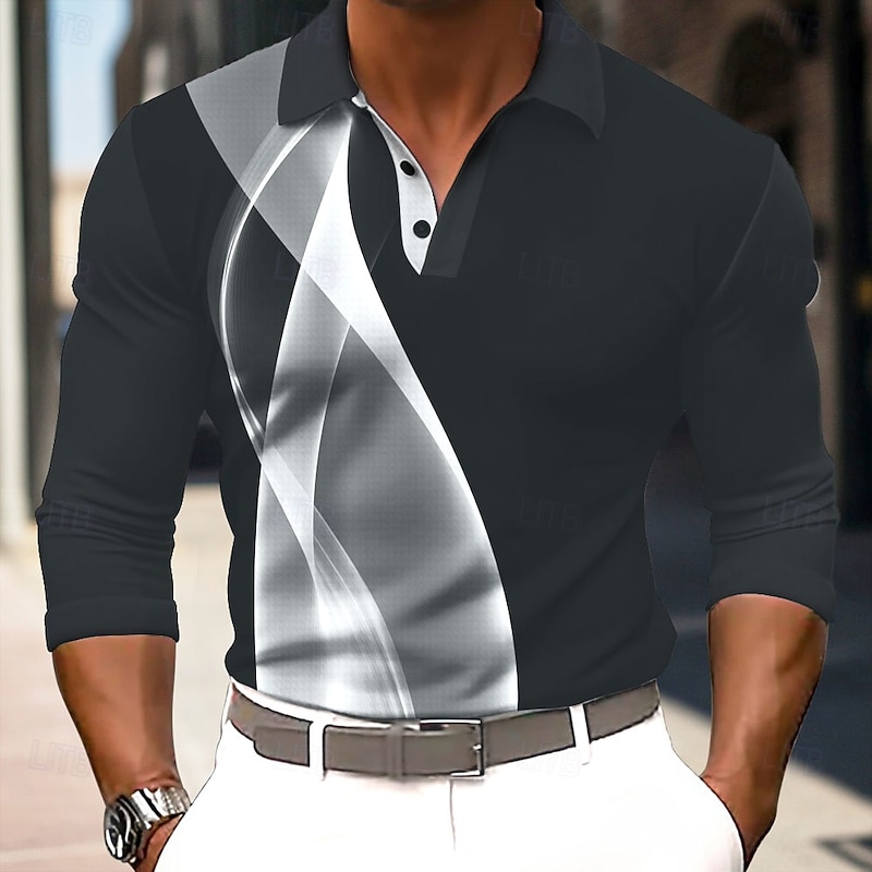 Men's Striped Waffle Polo Shirts Long Sleeve Polo Shirts Collar Business Casual Formal Outdoor Vacation Dailywear Buttons 3D Print Spring Fall Winter Black Yellow Red