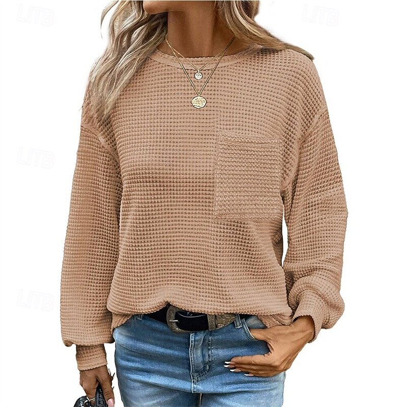Women's Texture Sweatshirt T Shirt Tee Top Plain Fashion Modern Long Sleeve Crew Neck Regular Tops Daily Going out Pocket Black White Brown Green Khaki Spring Fall4