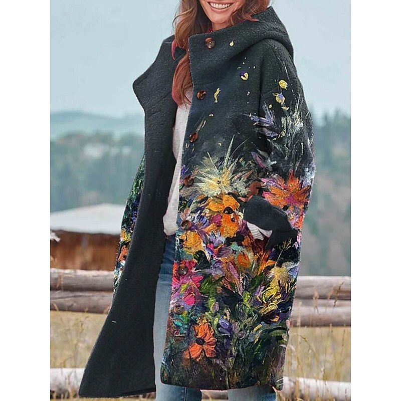 Women's Winter Jacket Fleece Jacket Coat Warm Breathable Pocket Buttons Print Active Daily Casual Floral Vacation Street Daily Single Breasted Long Hoodie Regular Fit Long Sleeve Outerwear Black3