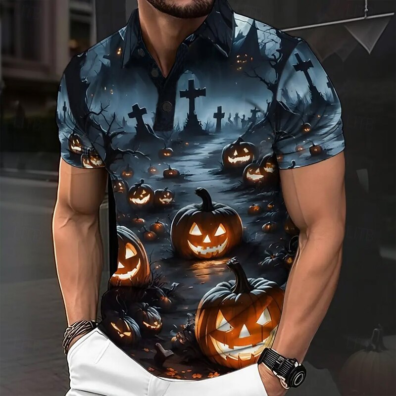 Halloween Men's Pumpkin Cross Polo Short Sleeve Polo Shirts Lapel Casual Dark Athleisure Festival Outfit 3D Print Buttons Summer Blue