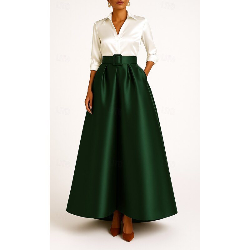 Black and White Mother of the Bride A-Line Evening Gown Elegant Dress Formal Wedding Floor Length 3/4 Length Sleeve Shirt Collar Stretch Satin with Pleats4