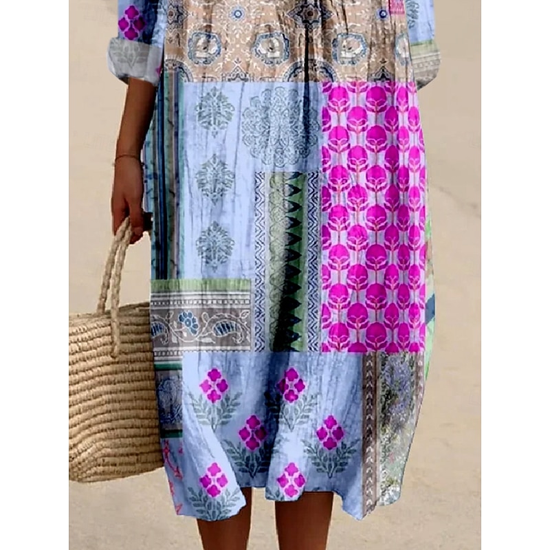 Women's Midi Dress Casual Dress Sundress A Line Dress Vacation Casual Boho Party Holiday Beach Loose Fit Floral Graphic Abstract Long Sleeve V Neck Light Pink Light Green Purple Spring Fall3