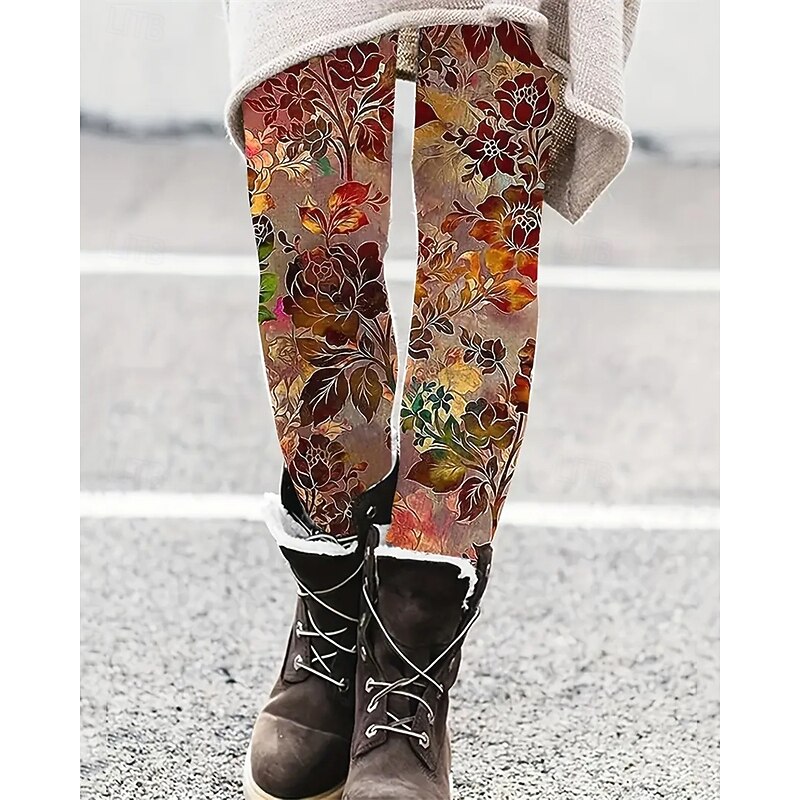 Women's Pants Trousers Leggings Cozy Leggings Streetwear Casual Full Length High Waist Floral Elastic Waist Print Breathability Comfortable Stretchy Vacation Street Daily Wear Orange Green Spring Fall