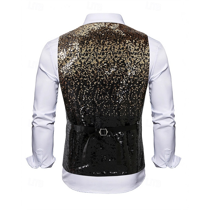 Men's Vest Waistcoat Gilet Vacation Party Business Fashion Casual Spring Fall Sequins Buttons Polyester Comfortable Gradual Single Breasted One-button V Neck Regular Fit Gold Vest3