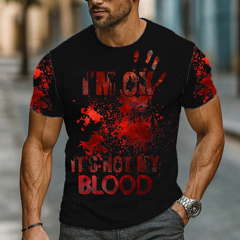 Halloween Men's Blood Splatter Blood stains T Shirt Short Sleeve T shirt 3D Print Crew Neck Shirt Exaggerated Designer Horror Party Street Casual Black White Khaki Summer Spring Clothing Apparel S M4