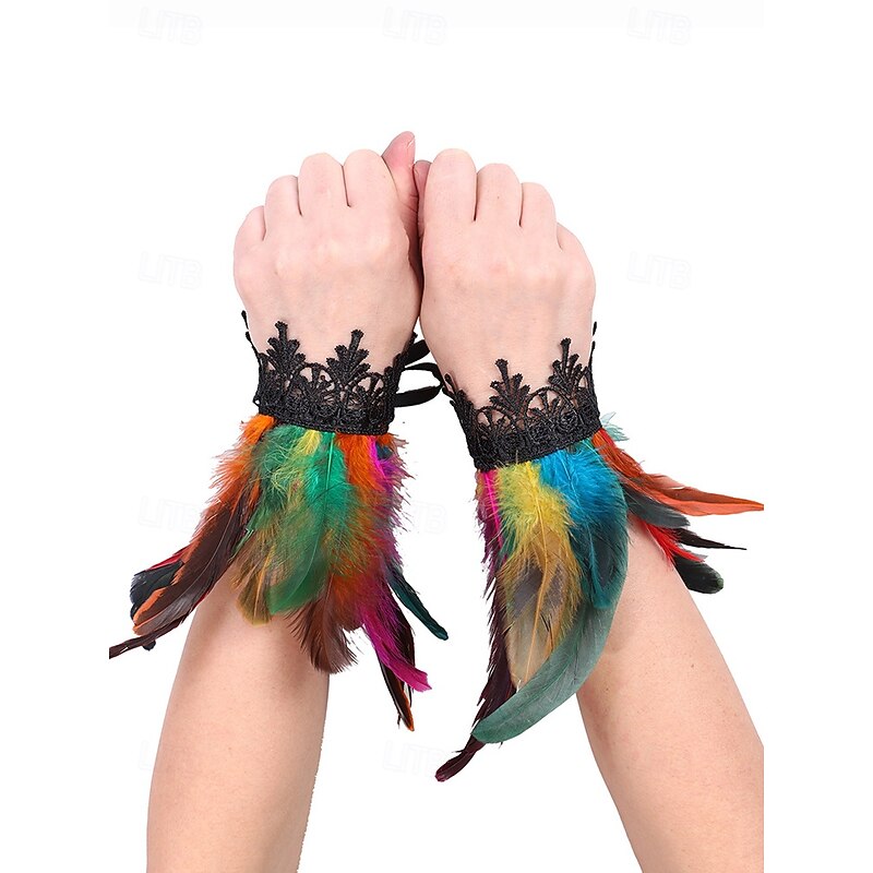 Women's Halloween Gothic Feather Wrist Cuffs, Black Lace and Colorful Feather Bracelet, Costume Accessories for Parties, Cosplay and Masquerade
