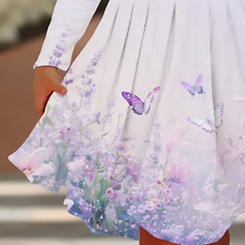 Girls' 3D Floral Butterfly Dress Long Sleeve Summer Spring Vacation Daily Holiday Princess Beautiful Sweet Kids 4-12 Years Casual Dress A Line Dress Knee-length Regular Fit4