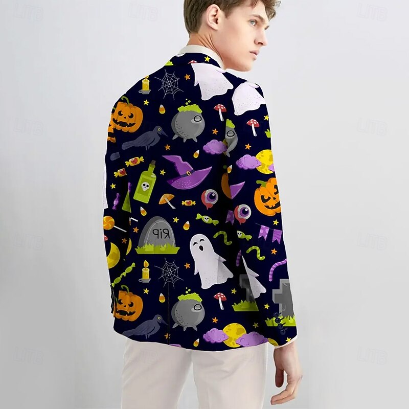 Halloween Men's Coat Blazer Outdoor Street Casual Casual Daily British All Seasons 100% Polyester Pumpkin 3D Print Buttons Thermal Warm Comfortable Single Breasted Blazer Blue3