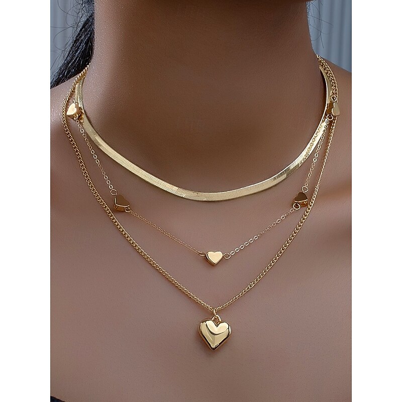 Women's 3-Layer Heart Necklace Set – Gold-Tone Alloy Herringbone Choker & Pendant Chains,, Minimalist Romantic Style for Parties, Date Night, Weddings & Everyday Gifts2