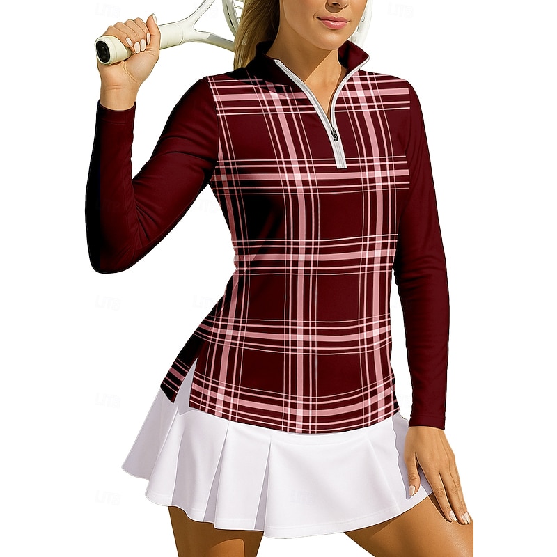 Women's Plaid Checkered Tops Sport Shirt Golf Polo Shirt Tennis Shirt Long Sleeve Zipper Floral UPF50+ UV Resistant High Elasticity Moisture Wicking Breathable Tennis Golf Pickleball Stand Collar Zip4
