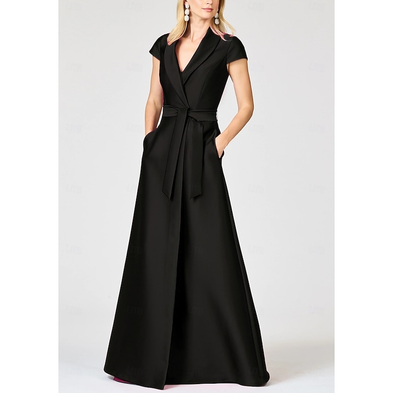 A-Line Mother of the Bride Evening Gown Elegant Formal Dress Formal Wedding Floor Length Short Sleeve Lapel Pocket Satin with Bow(s) Strappy2