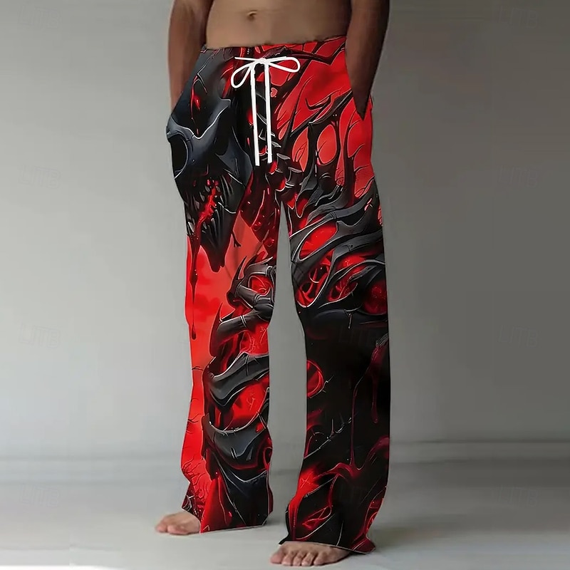 Men's Skull Skeleton Trousers Baggy Pants Casual Pants Mid Waist Dark Gothic Style Outdoor Holiday Elastic Drawstring Waist Linen-Like Pants with Pockets Summer Spring Fall 3D Print Red Blue Purple