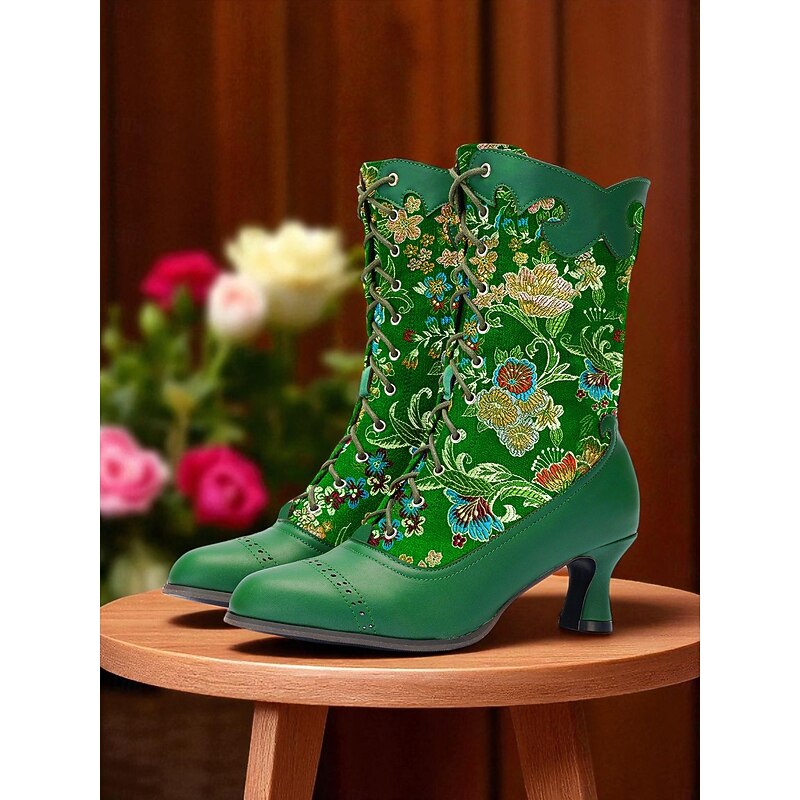 Women's Victorian Green Floral Lace-Up Boots with Kitten Heels - 19th Century Inspired Retro Footwear for Vintage Fashion, Edwardian Performances and Costume Events3