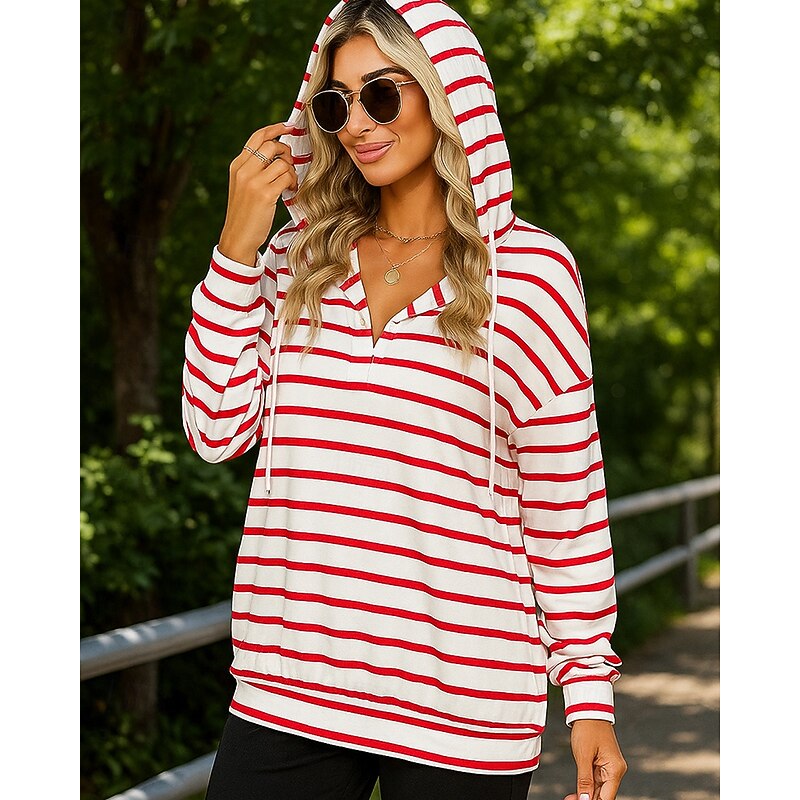 Women's Pullover Sweatshirt Hoodie Trackshirt Drawstring Long Sleeve Top Athleisure Fall V Neck Stripes Breathable Workout Outdoor Training Sportswear Activewear Black White Pink2