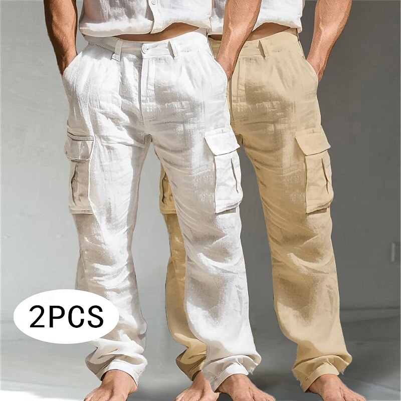 Men's Cargo Trousers Linen Pants Summer Pants Casual Pants Multi Pocket Straight Leg Plain Comfort Breathable Full Length Outdoor Daily Going out Fashion Streetwear White+khaki Khaki+Black Inelastic