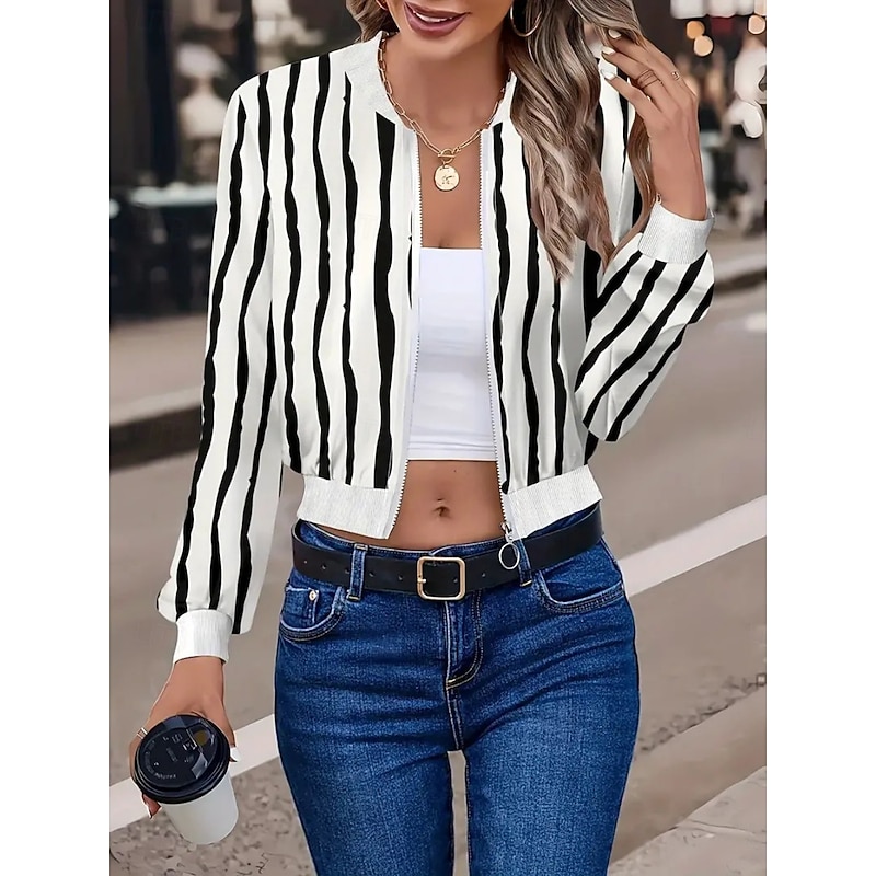 Women's Bomber Jacket Casual Jacket Comfortable Breathable Zipper Print Casual Geometric Vacation Street Casual Daily Wear Zipper Short Stand Collar Regular Fit Long Sleeve Outerwear Black White Red