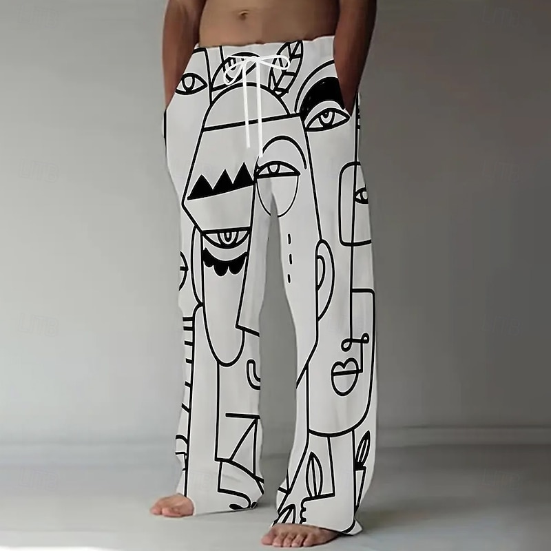 Men's Abstract Art Line Drawing Trousers Baggy Pants Casual Pants Mid Waist Casual Outdoor Vacation Elastic Drawstring Waist Linen-Like Pants with Pockets Summer Spring Fall 3D Print White