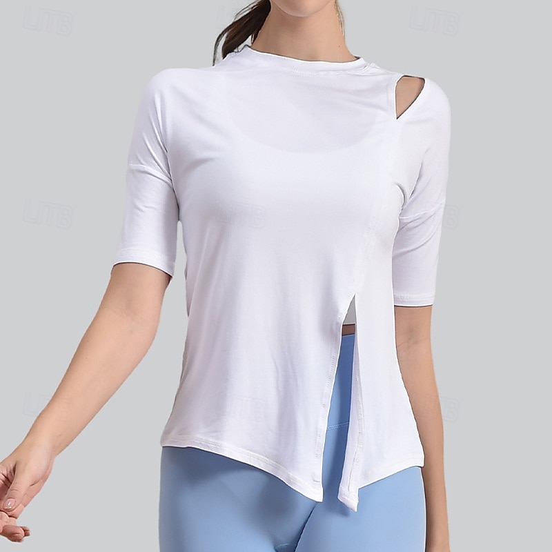 Women's Yoga Shirts Crew Neck Breathable Off-shoulder Short Sleeve Sports Solid Color Top For Gym Running Fitness Activewear