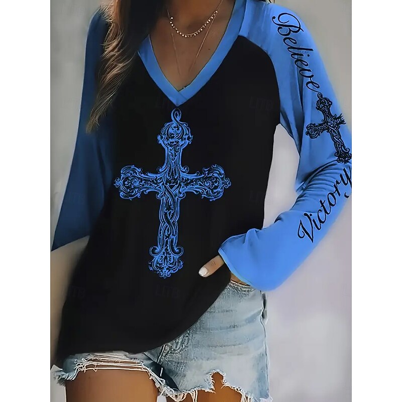 Women's T Shirt Graphic Letter Fashion Casual Long Sleeve V Neck Regular Tops Daily Weekend Print Red Blue Purple Fuchsia Green Summer Spring Fall4